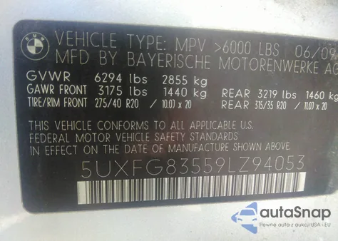 2009 BMW X6 xDrive50I from USA, damaged, VIN 5UXFG83559LZ94053